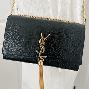 Yves Saint Laurent medium Kate bag Black Croc-Embossed Clutch with Gold Chain